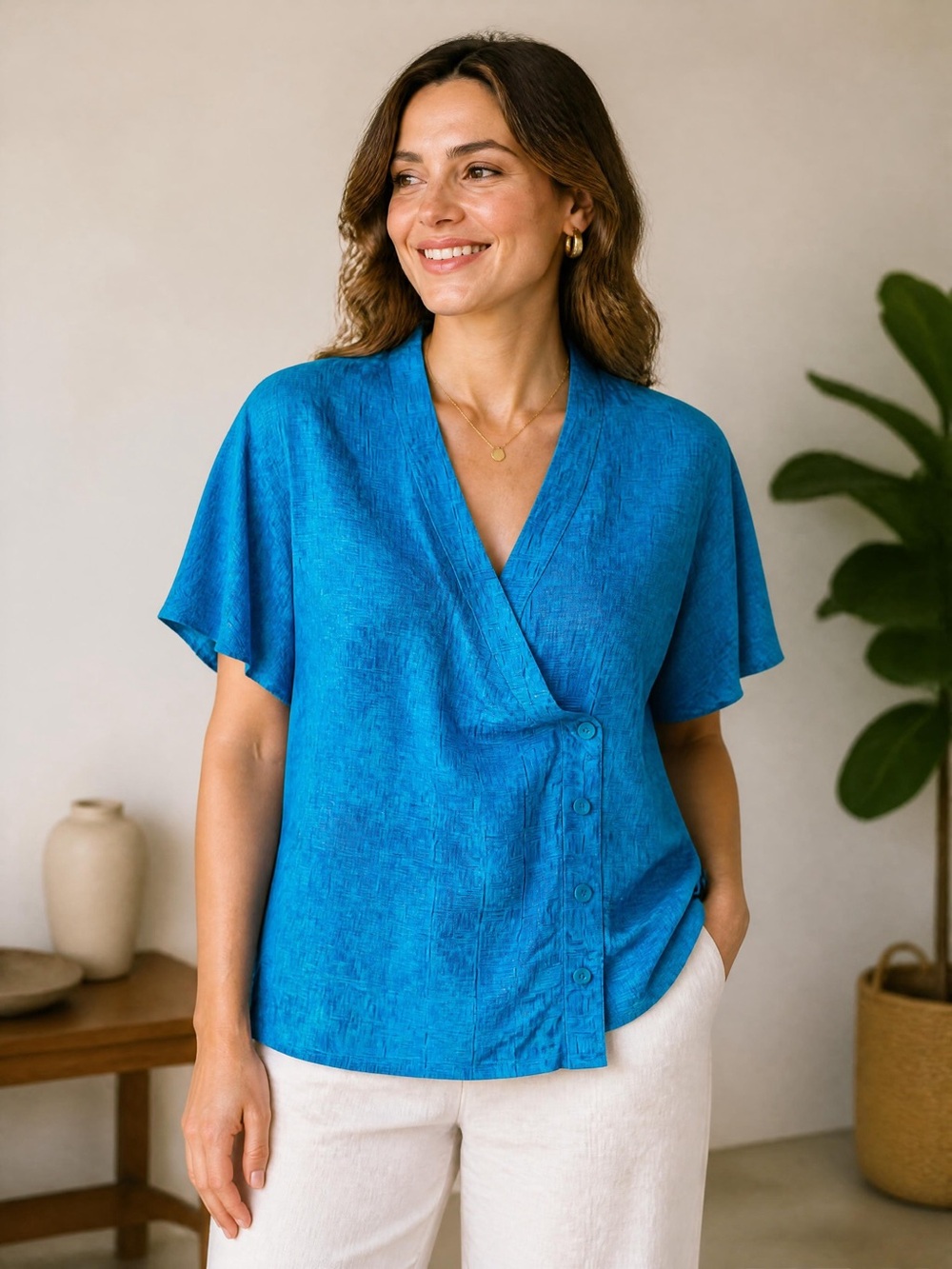Vintage Diane Gilman Petites 100% Silk Wrap Top S Blouse Blue Padded Shoulders